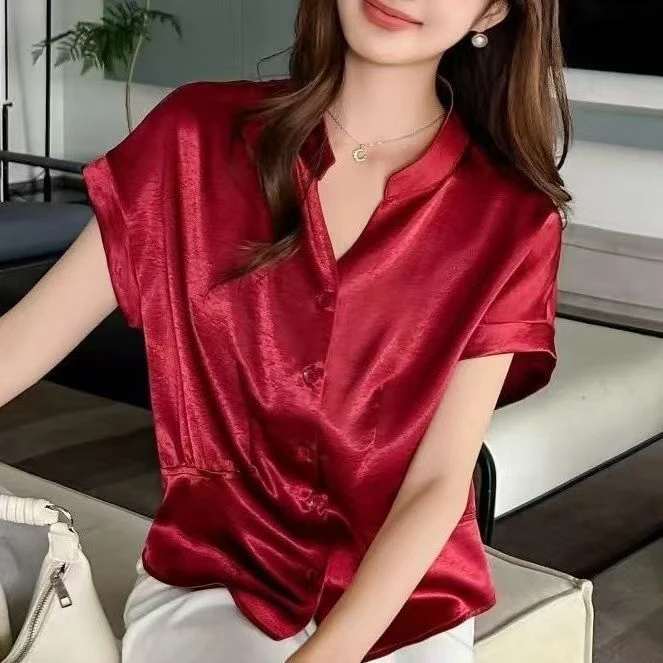 V领夏装丝滑衬衫上衣立领气质衬衣休闲2025炸街国风衣服女女款