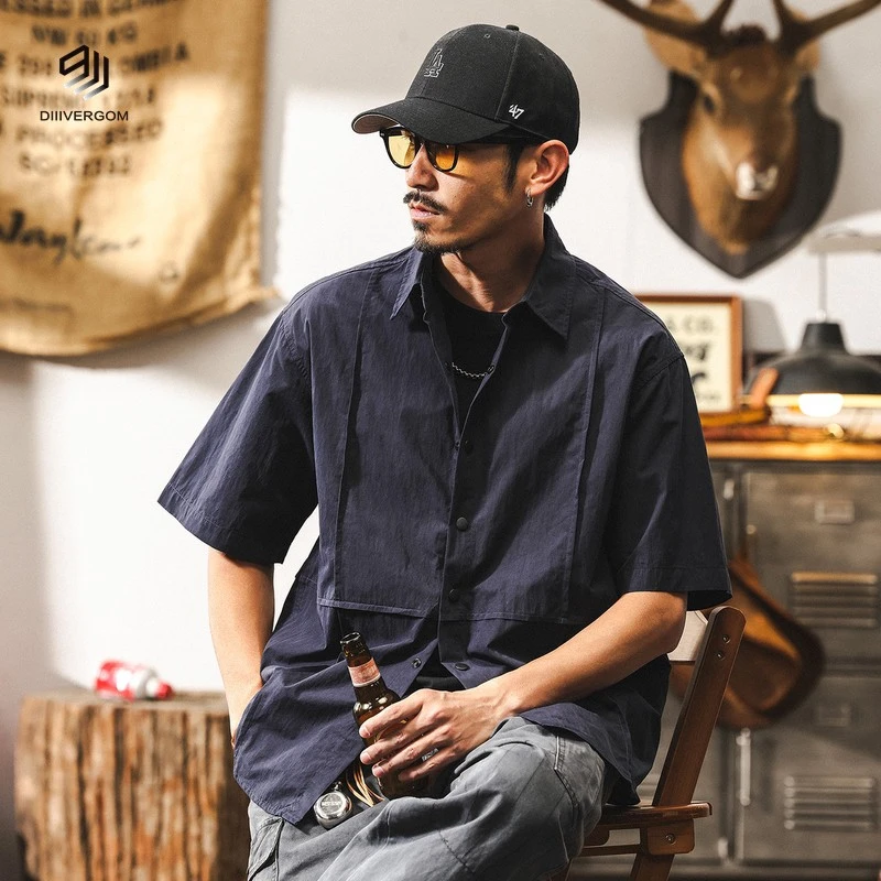 DIIIVERGOM美式复古褶边拼接短袖男夏季男士衬衫城市通勤机能设计