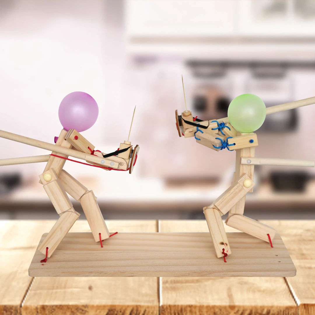 木质互动木头小人偶手工制作木节人扎气球双多人对战对决击剑玩具