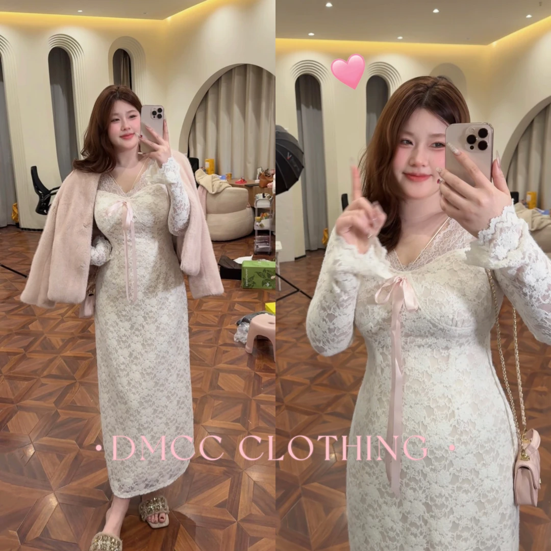 DMcc【温柔月光】法式纯欲性感加绒蕾丝a字连衣裙冬季显瘦气质长裙
