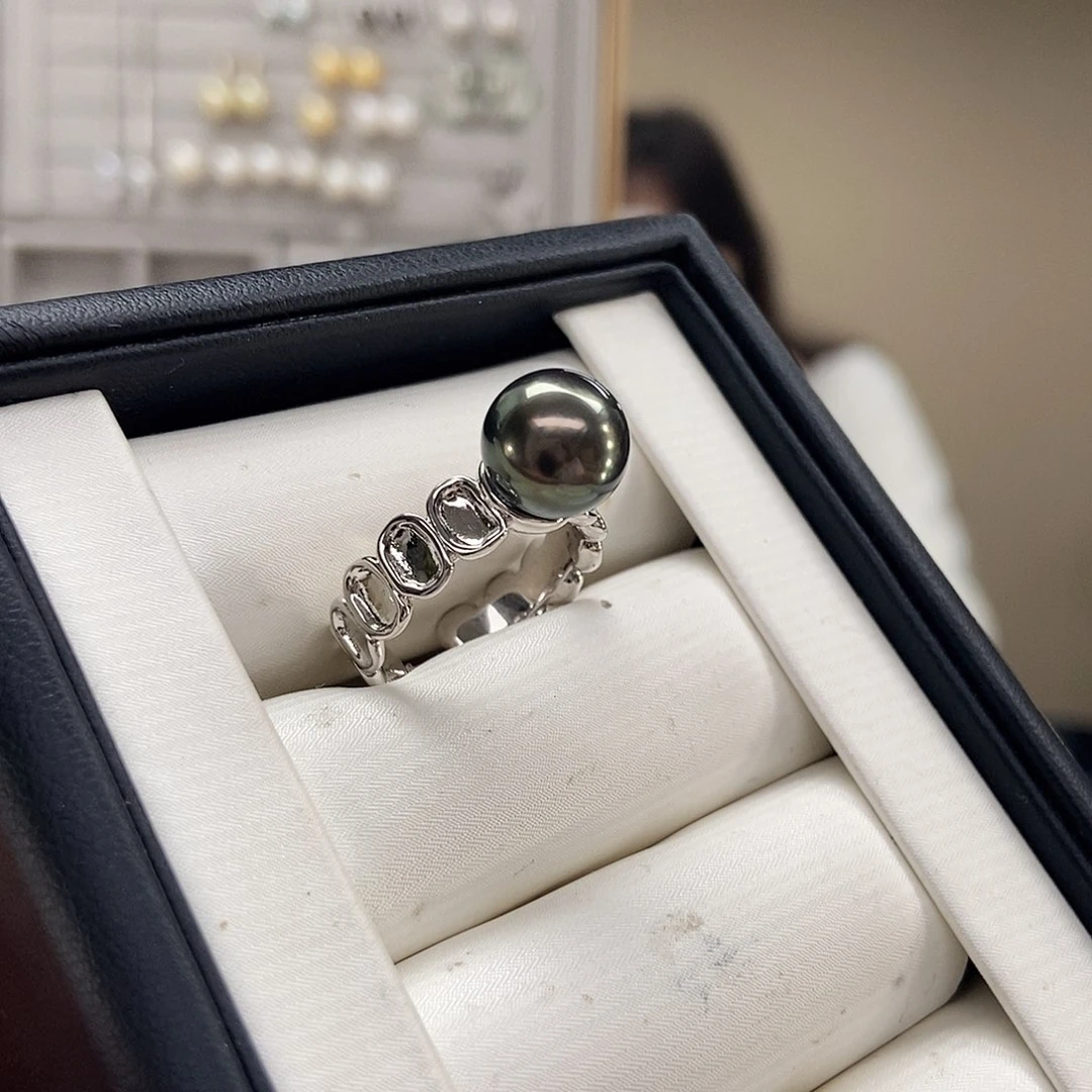 海水珍珠戒圈银S925镶嵌大溪地黑珍珠