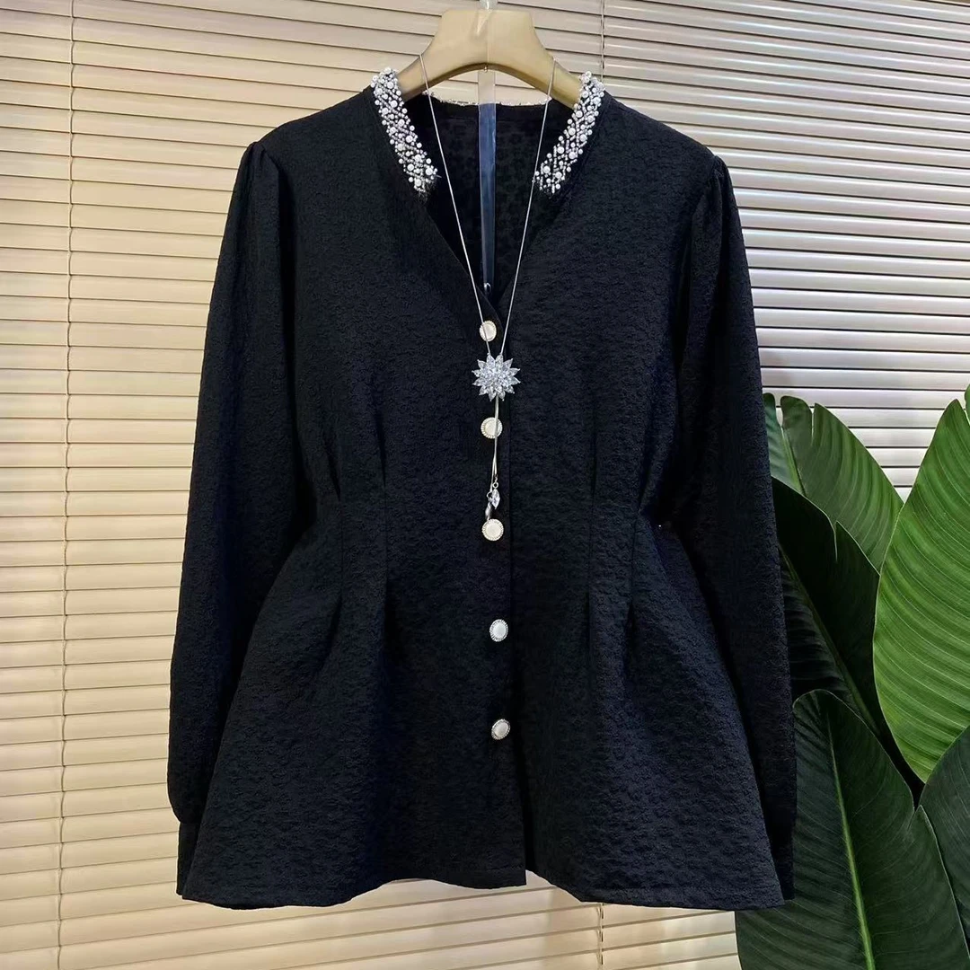 Y胖mm欧货时尚新款秋季重工钉珠设计收腰显瘦衬衫