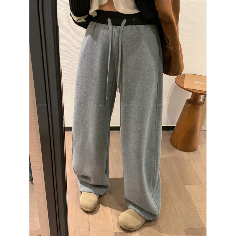 灰色抽绳阔腿裤2025秋季新款女士裤子直筒宽松休闲裤运动卫裤潮
