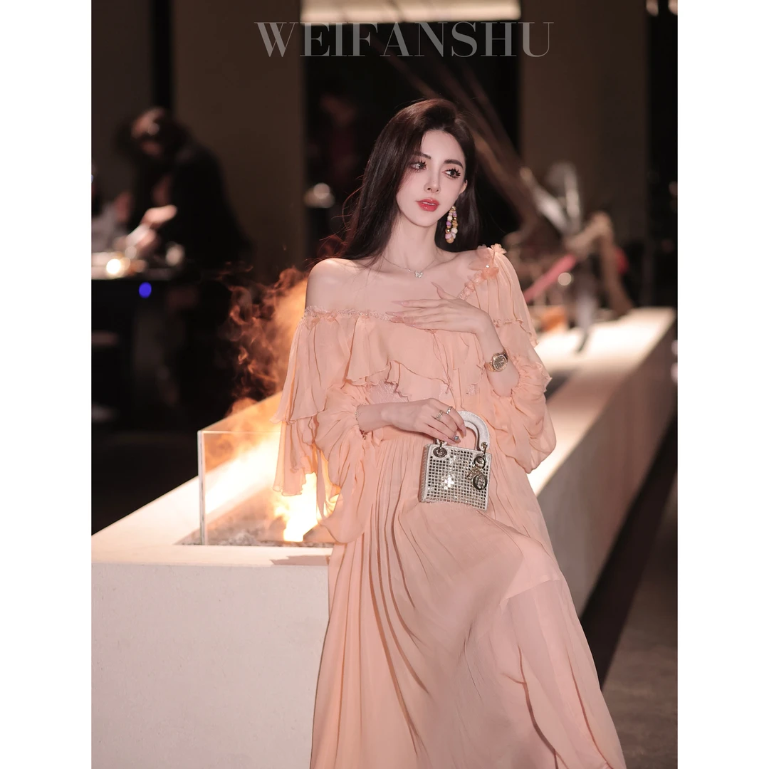 WEIFANSHU/魏凡舒【心动蔓延】桑蚕丝木耳边气质仙气名媛宴会连衣裙