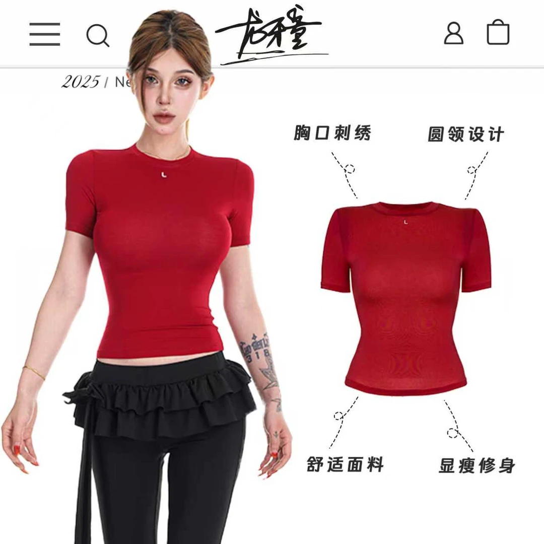 龙牙童推荐【双c腰短袖圆领】显瘦女款圆领t恤夏季修身短款显身材