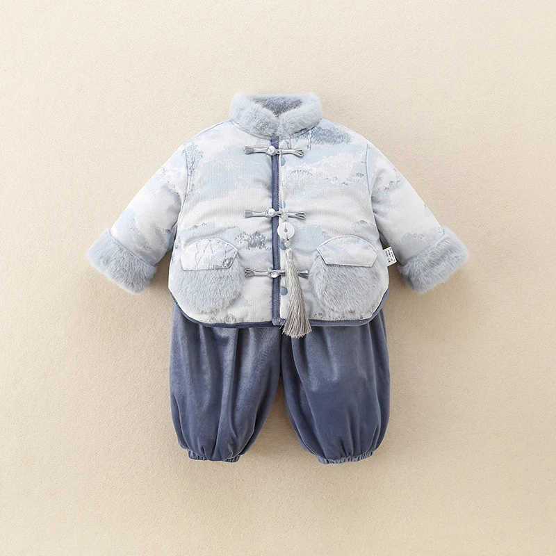 汉服男童套装秋冬装男宝宝新中式唐装儿童国风加绒夹棉两件套冬季