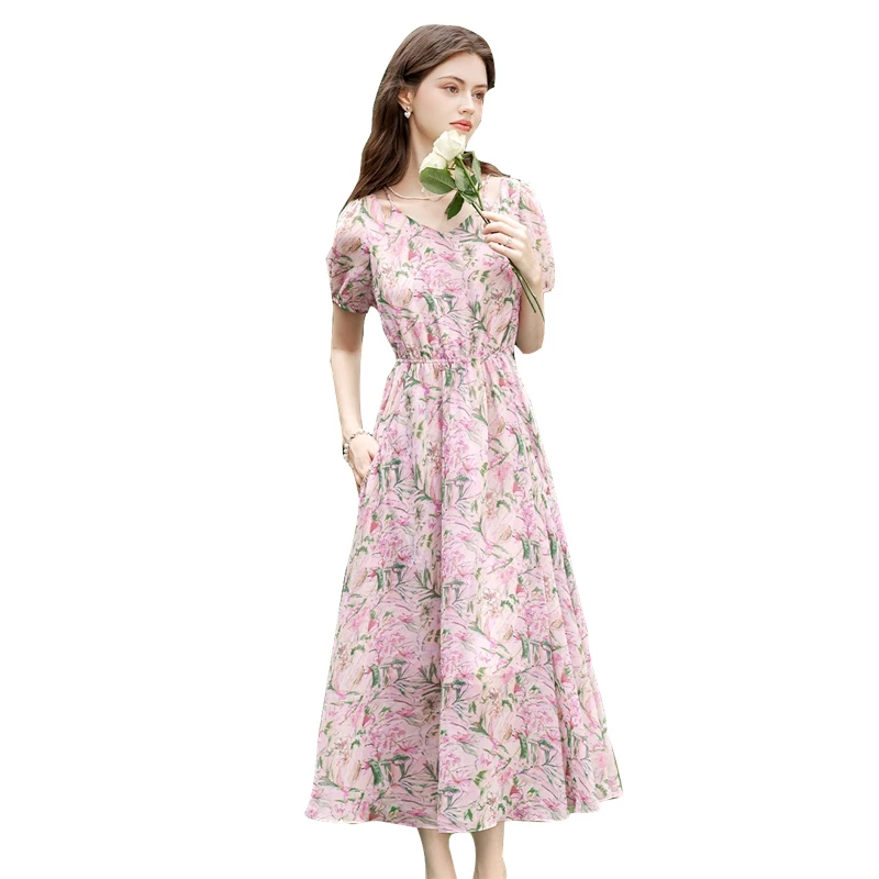 她池2025夏装新款女装碎花甜美镂空中长款印花连衣裙T42B2163L