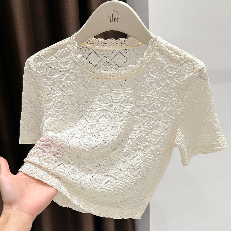 花边圆领杏色套头蕾丝衫上衣夏季2025爆款洋气高档透气短袖T恤女