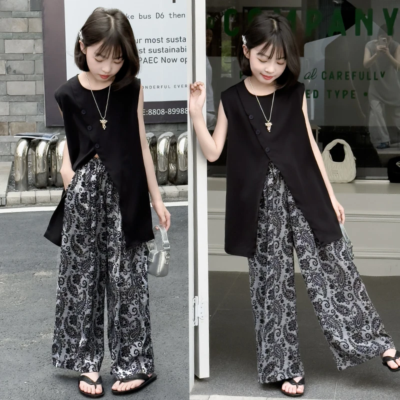 女童夏季无袖套装2025新款女大童复古时尚阔腿裤两件套慵懒风夏装