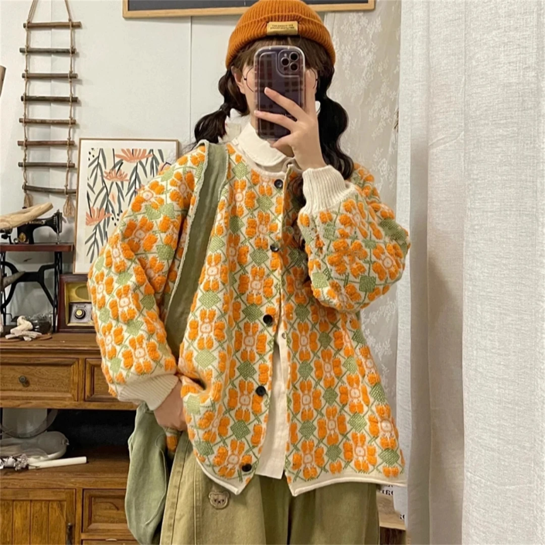 大码胖MM甜美减龄撞色提花针织开衫外套女秋冬韩系宽松慵懒风毛衣
