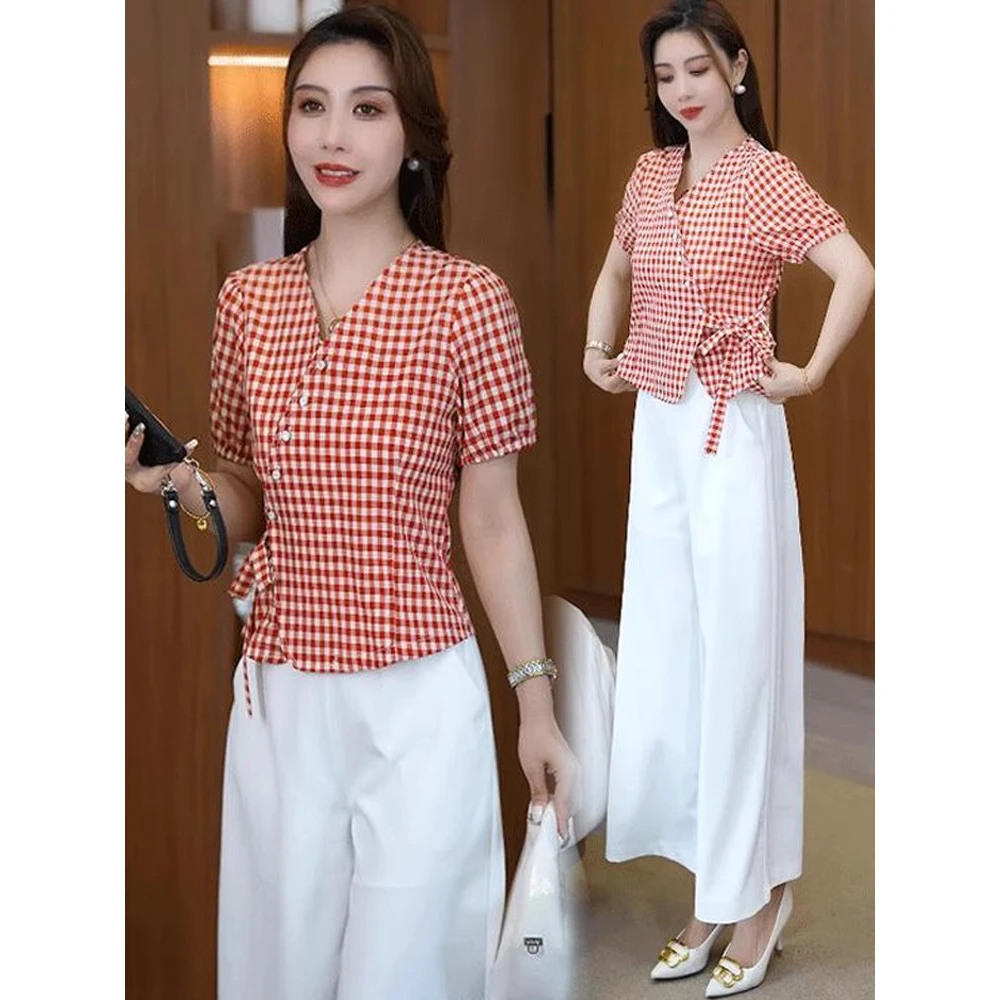 设计感绑带v领格子衬衫女夏季新款时尚小众修身显瘦短款上衣240