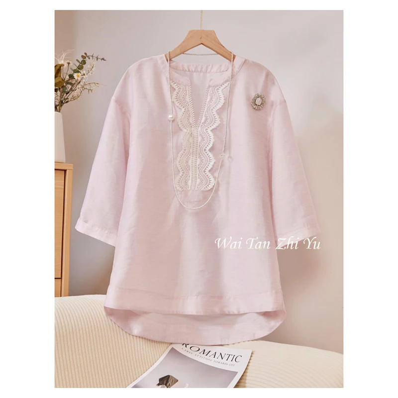 【粉色佳人】百搭气质优雅精致复古斜襟春夏绣花宽松中式中长袖上衣