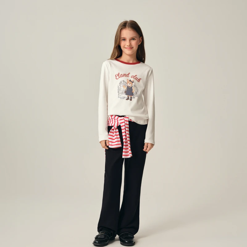 【云柔棉】E·LAND KIDS衣恋童装女童T恤25年冬季新品撞色印花长袖