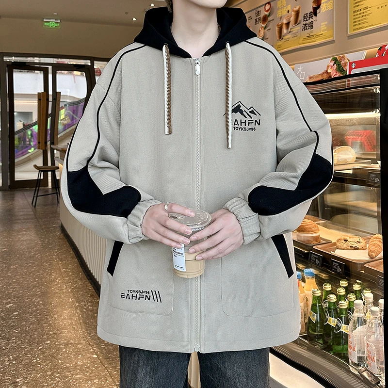 撞色连帽外套男秋款字母夹克男潮牌青少年休闲宽松秋季港风褂子