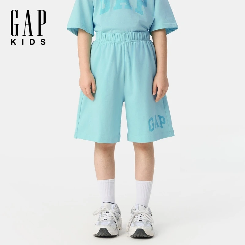 Gap女童2025夏季新款水浆印logo松紧腰纯棉针织短裤宽松762909