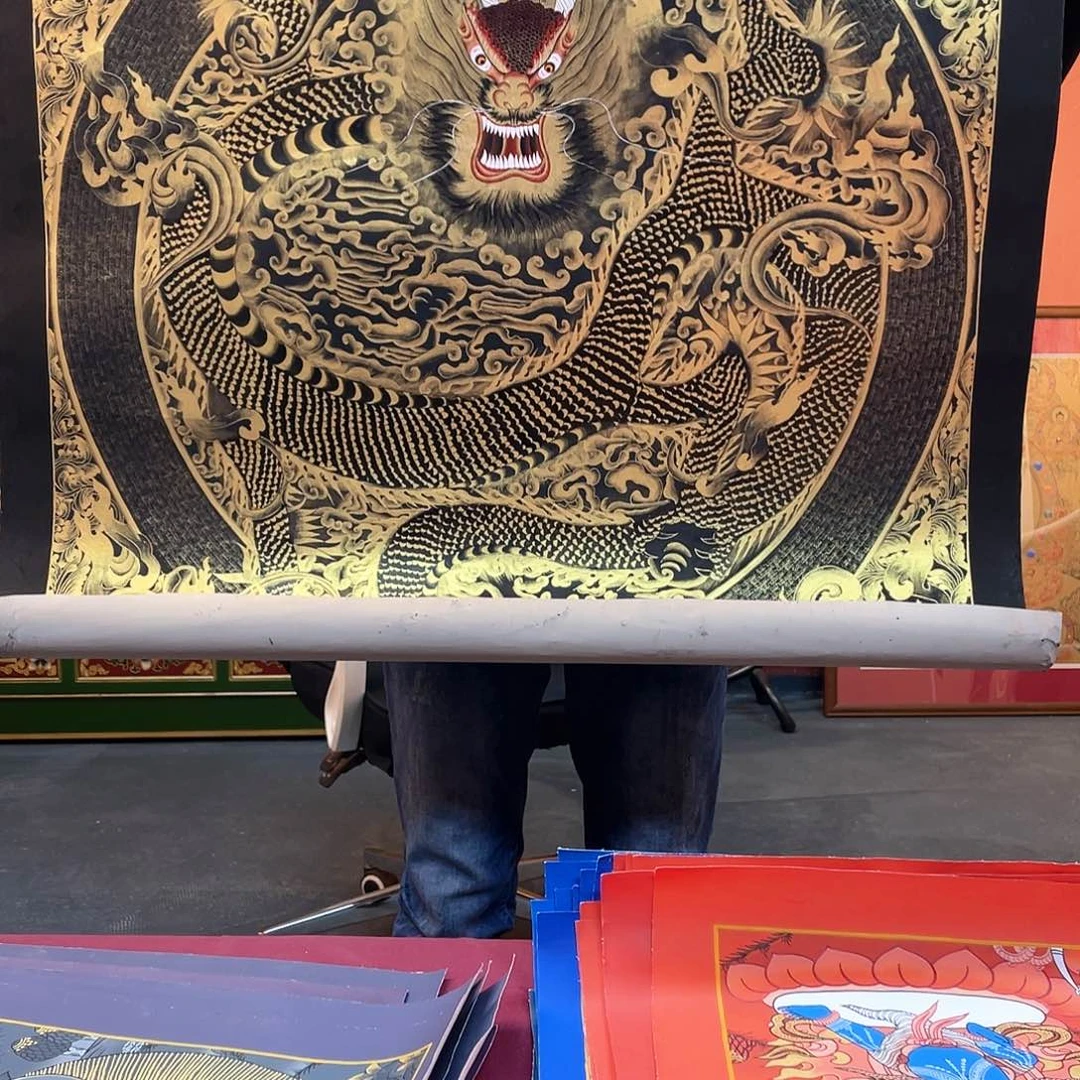 装裱画80×80纯手绘拉嘎王龙纹咒语坛城