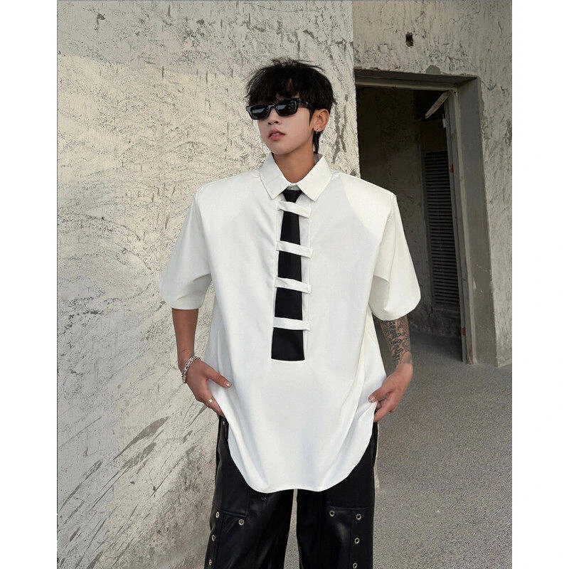 夏季小众撞色领带短袖衬衫男潮牌痞帅套头设计感垫肩设计感白衬衣
