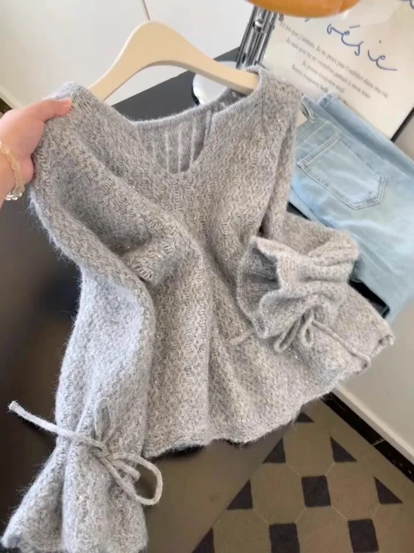 韩系时尚纯色系V领温柔针织毛衣2025秋冬季慵懒风软糯保暖上衣女