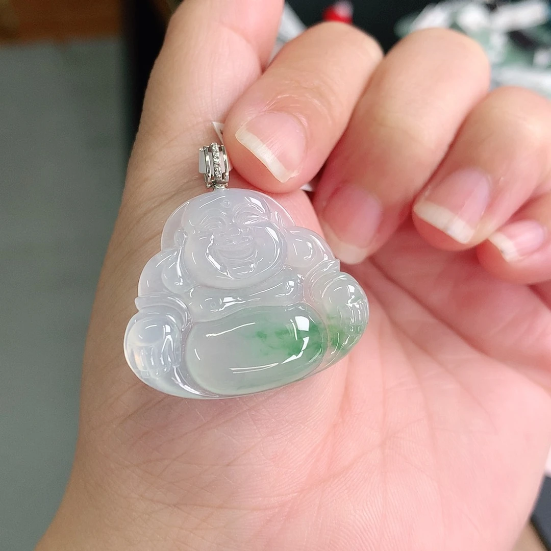 翡翠18K金镶嵌颈饰高冰飘阳绿佛公27-32-5.2如