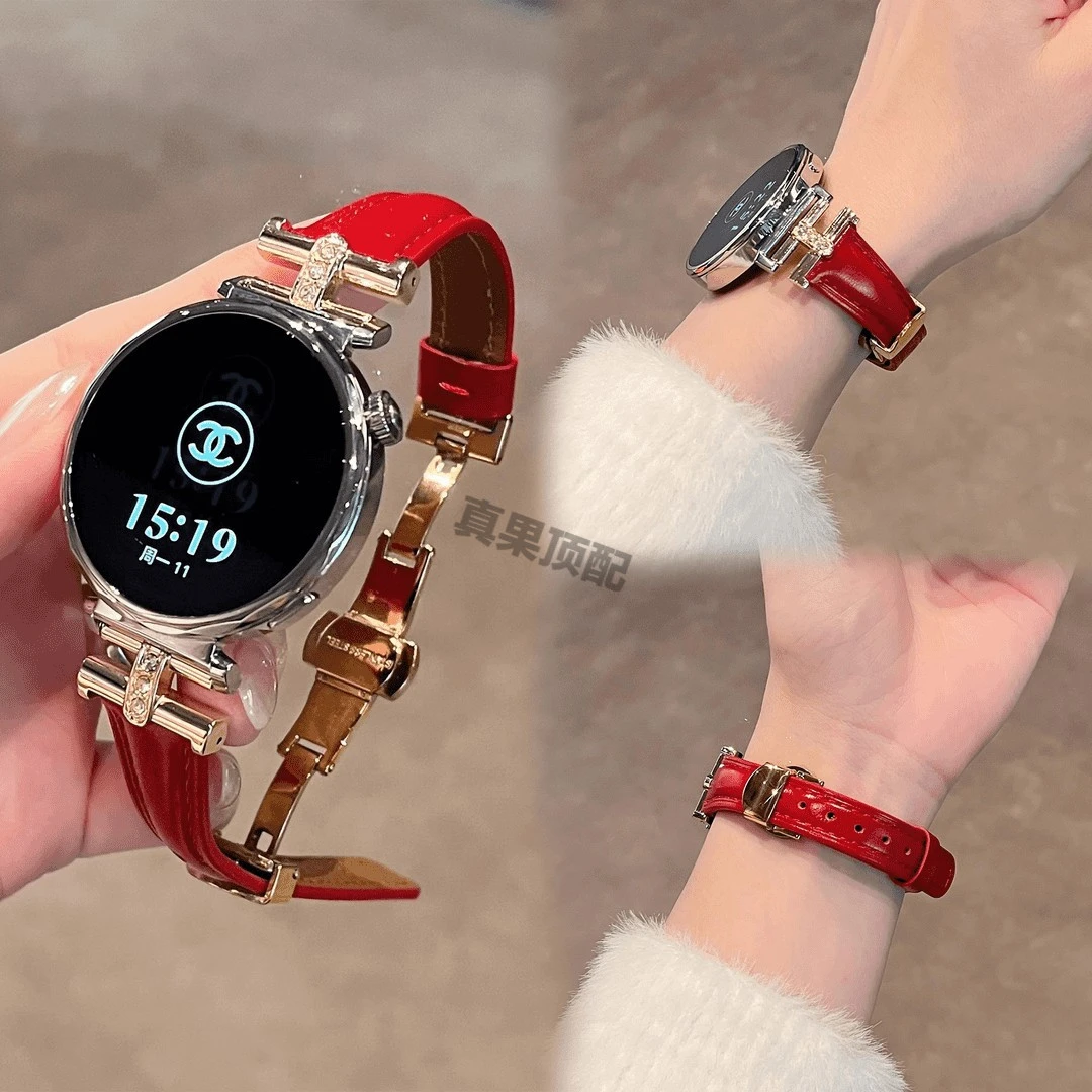 适用华为女款真皮工字镶钻蝴蝶扣手表表带gt4gt5progt6watch5fit4
