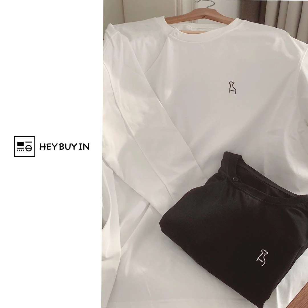 HEYBUYIN【小狗刺绣T恤】精选慵懒宽松显瘦百搭长袖外穿打底上衣