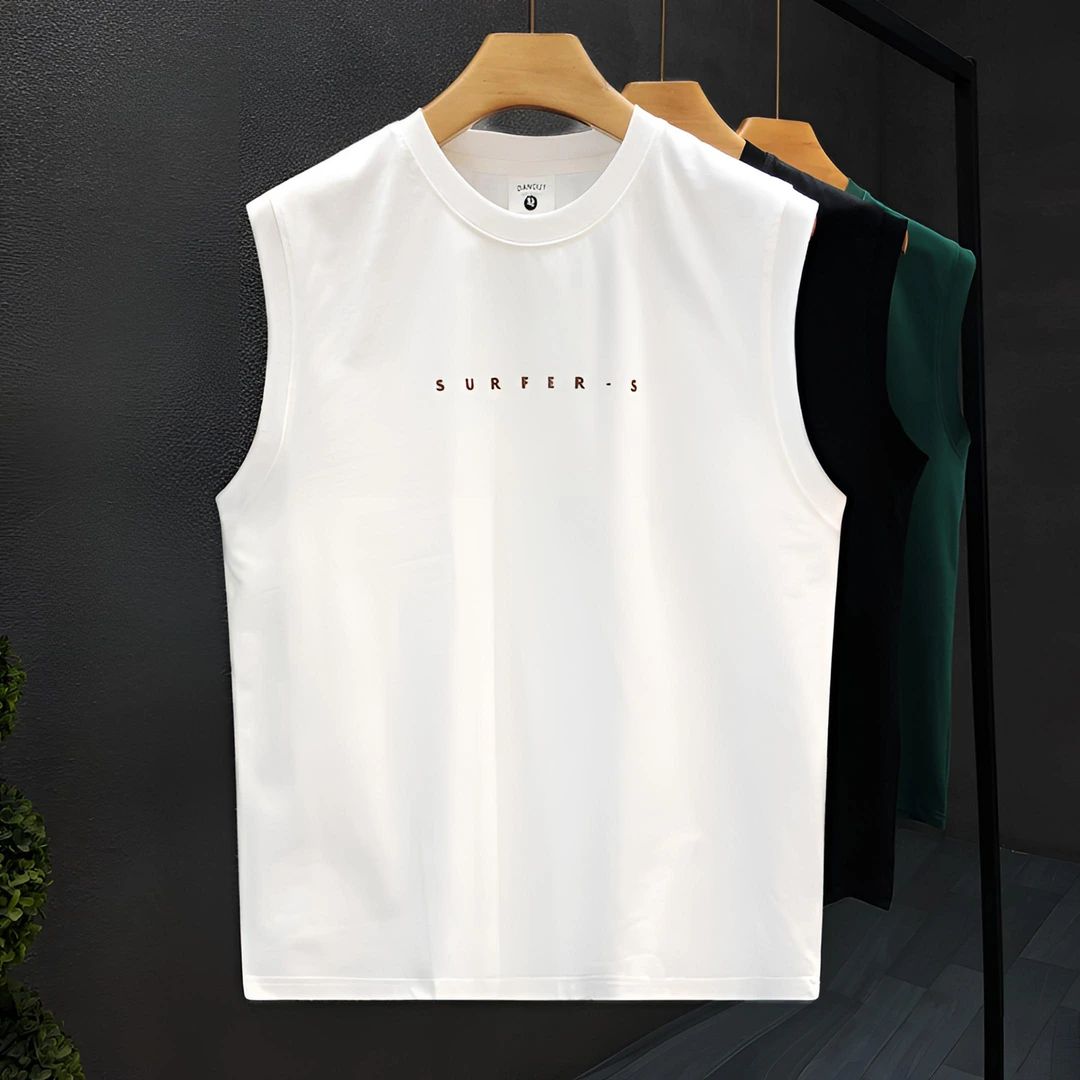 郎的简约痞帅白色无袖T恤男潮流宽松棉质汗背心2025夏季新款上衣