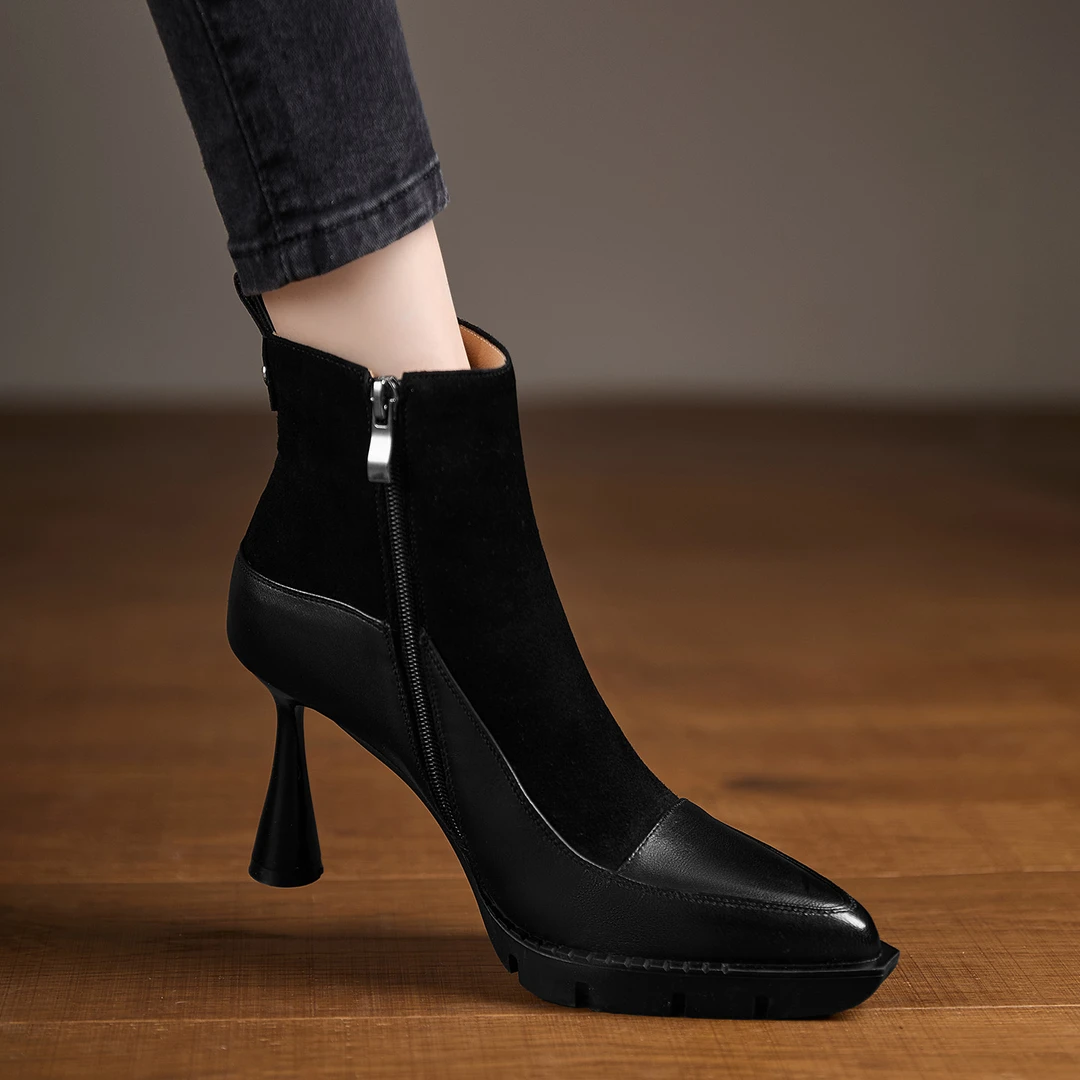 小个子防水台高跟短靴性感尖头时装靴侧拉链马丁靴真皮瘦瘦烟筒靴