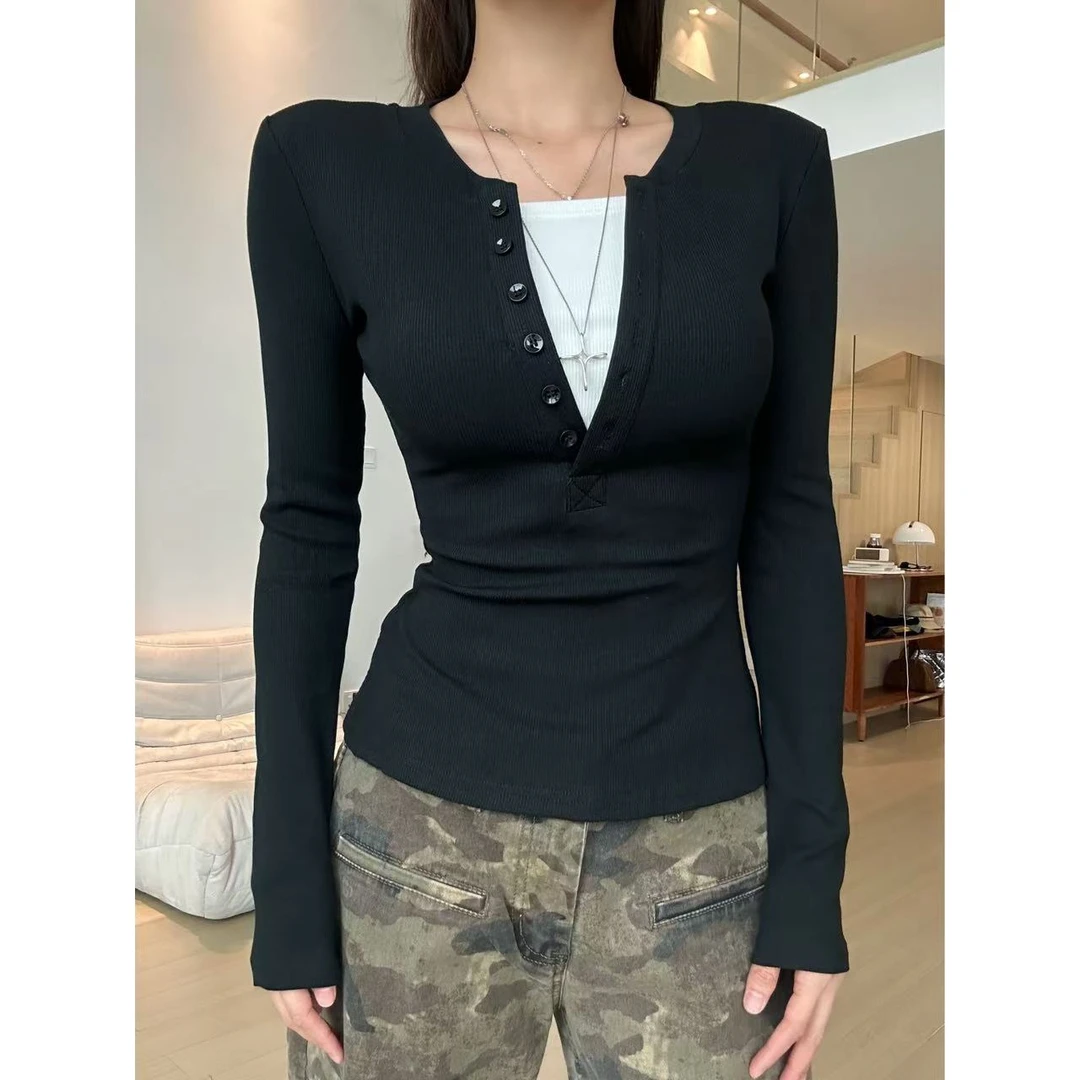 【部分现】撞色纽扣半排扣亨利领假两件长袖时尚百搭秋季240589