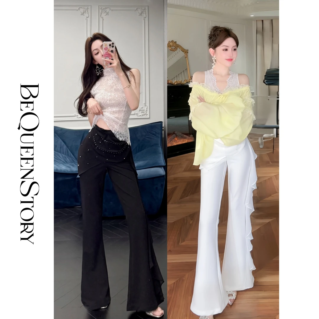 余潇潇【浪漫时区】设计感不规则串珠点缀高腰微喇裤2025