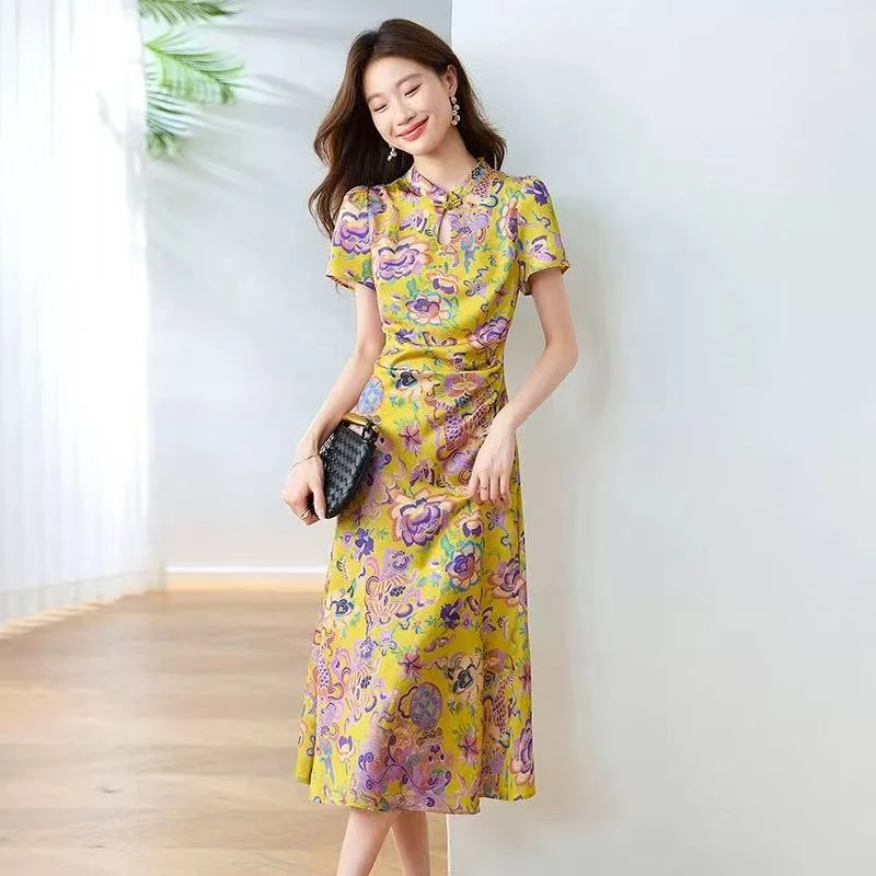 2582#夏季新款新中式国风短袖印花改良旗袍连衣裙【D5-2】