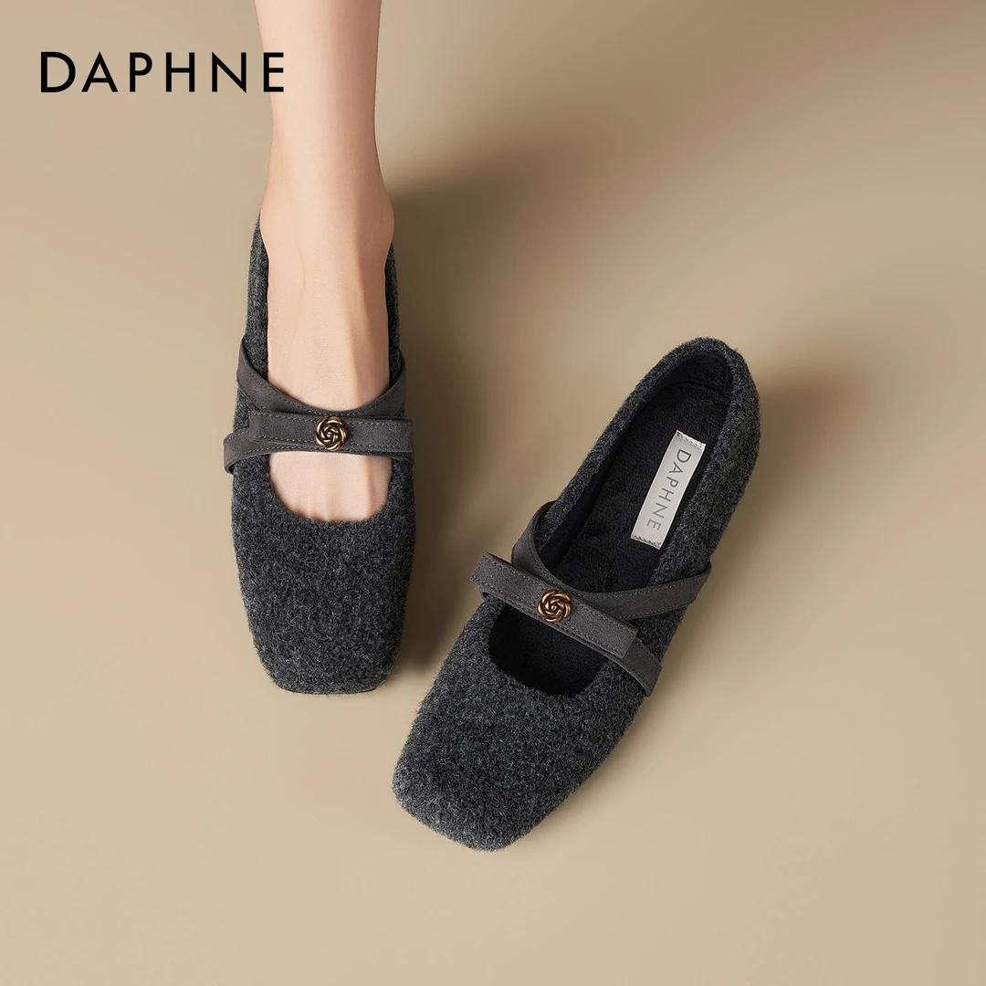 达芙妮山茶花毛呢玛丽珍鞋女秋冬加绒内增高毛毛法式通勤晚晚单鞋