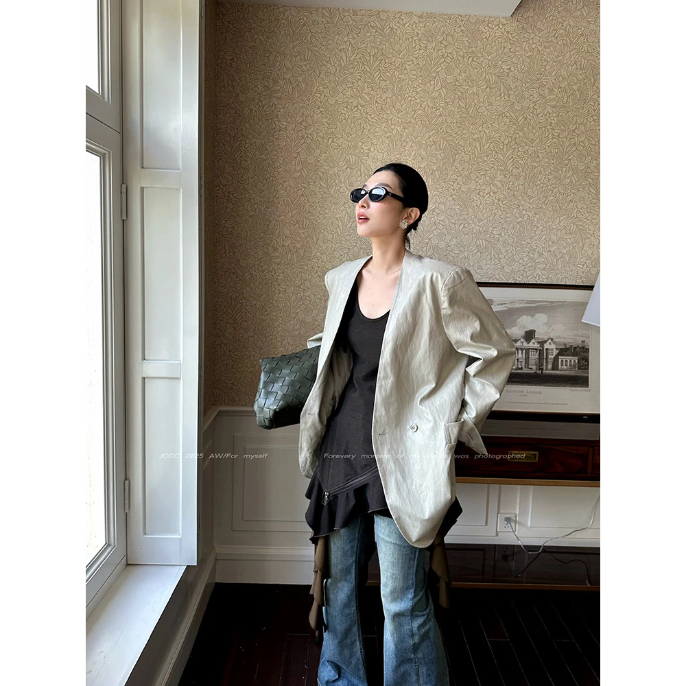 JCCC影子【非领域】杏灰色无领PU肌理感老钱西装JE4BSH11