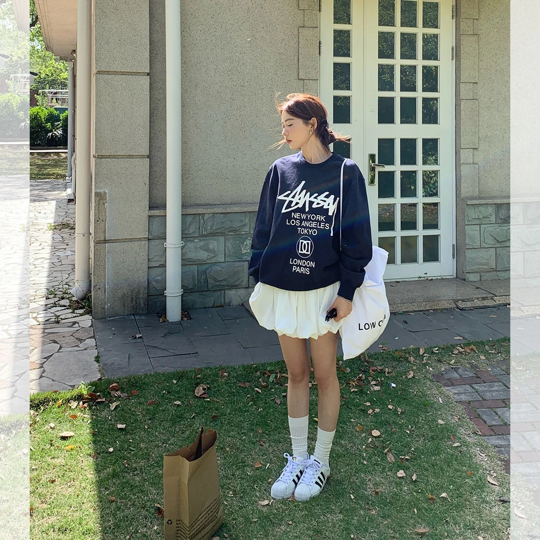 左边女装复古印花长袖上衣2024春装新款休闲美式圆领卫衣