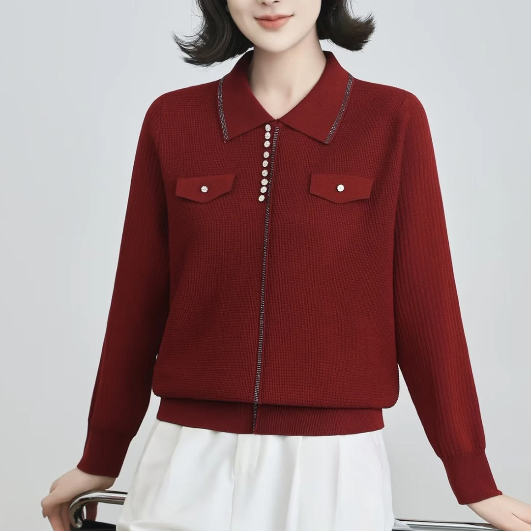 610708时尚女士新款爆款长袖针织衫气质洋气休闲百搭翻领宽松