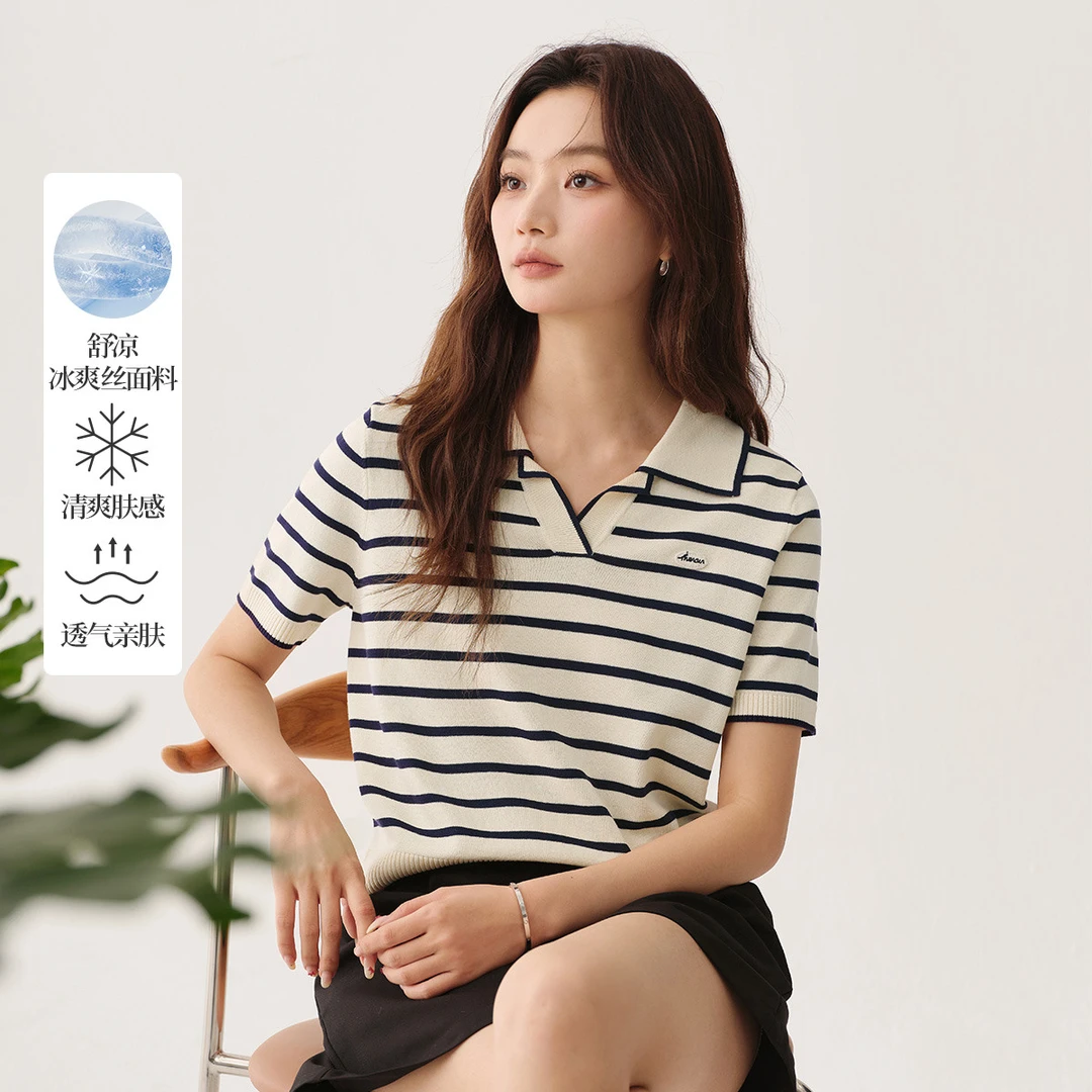【欧若风新品】茵曼夏季冰爽丝薄款POLO领针织衫复古百搭休闲上衣女