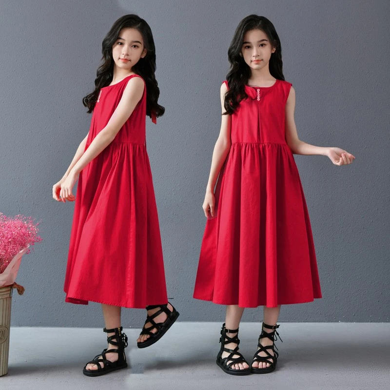 女童背心连衣裙夏季新款法式复古红色无袖中大儿童收腰显瘦中长裙