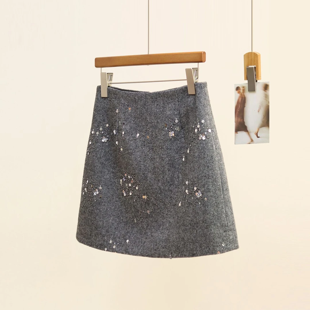 重工亮片半身裙女2025秋冬高腰显瘦a字短款小香风毛呢短裙