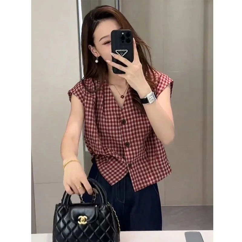 复古格子v领短袖衬衫2025新款女夏季宽松拼色衬衣气质小飞袖上衣