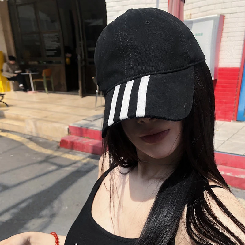 小众设计感条纹棒球帽子女休闲百搭显脸小鸭舌帽男简约情侣款帽子