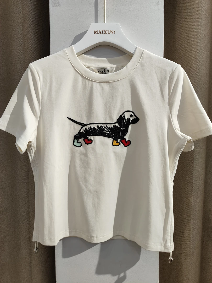 麦寻专柜印花圆领刺绣通勤短袖修身型T恤潮流韩版百搭休闲卡通