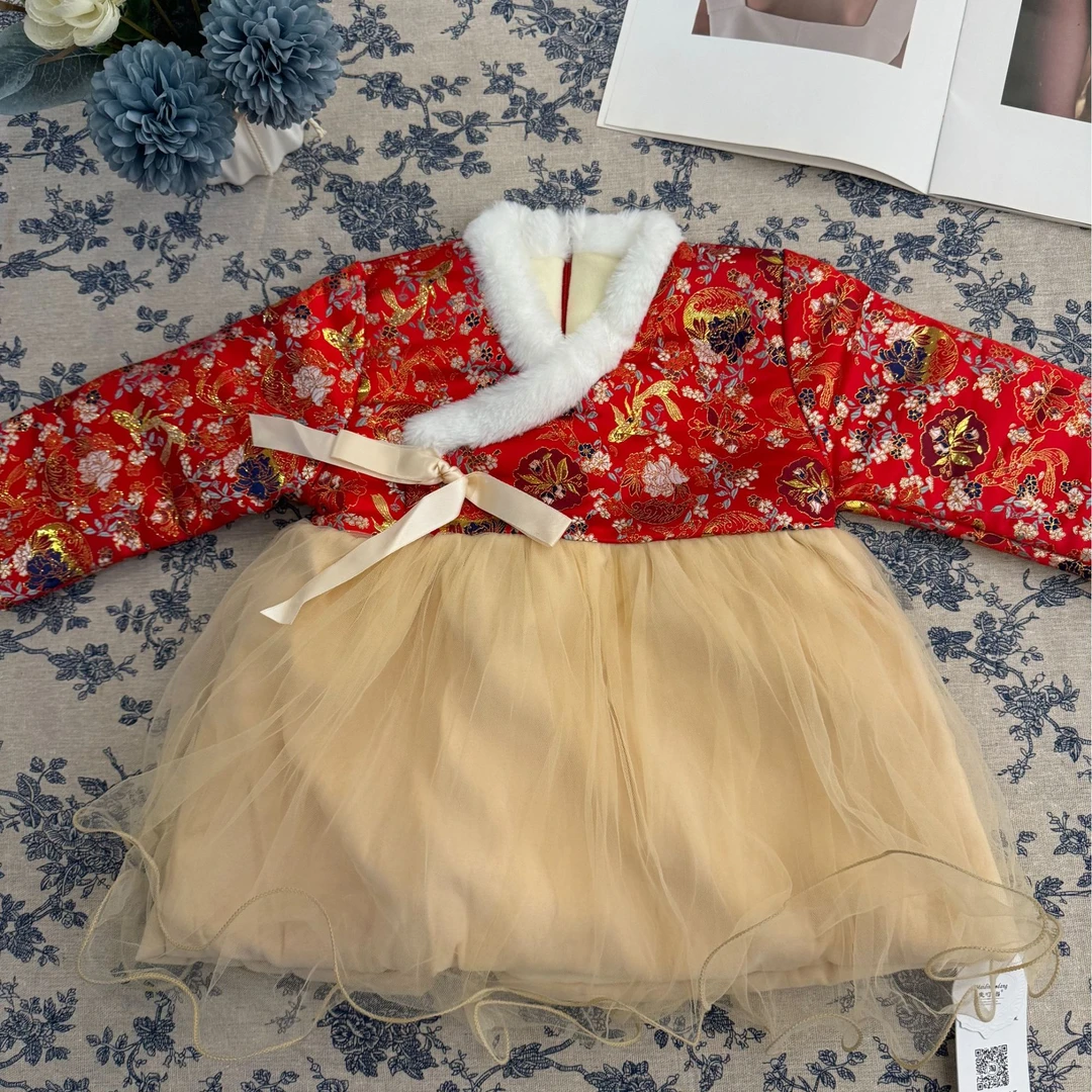 冬季女童小童A类断码加绒加厚拜年裙拜年服