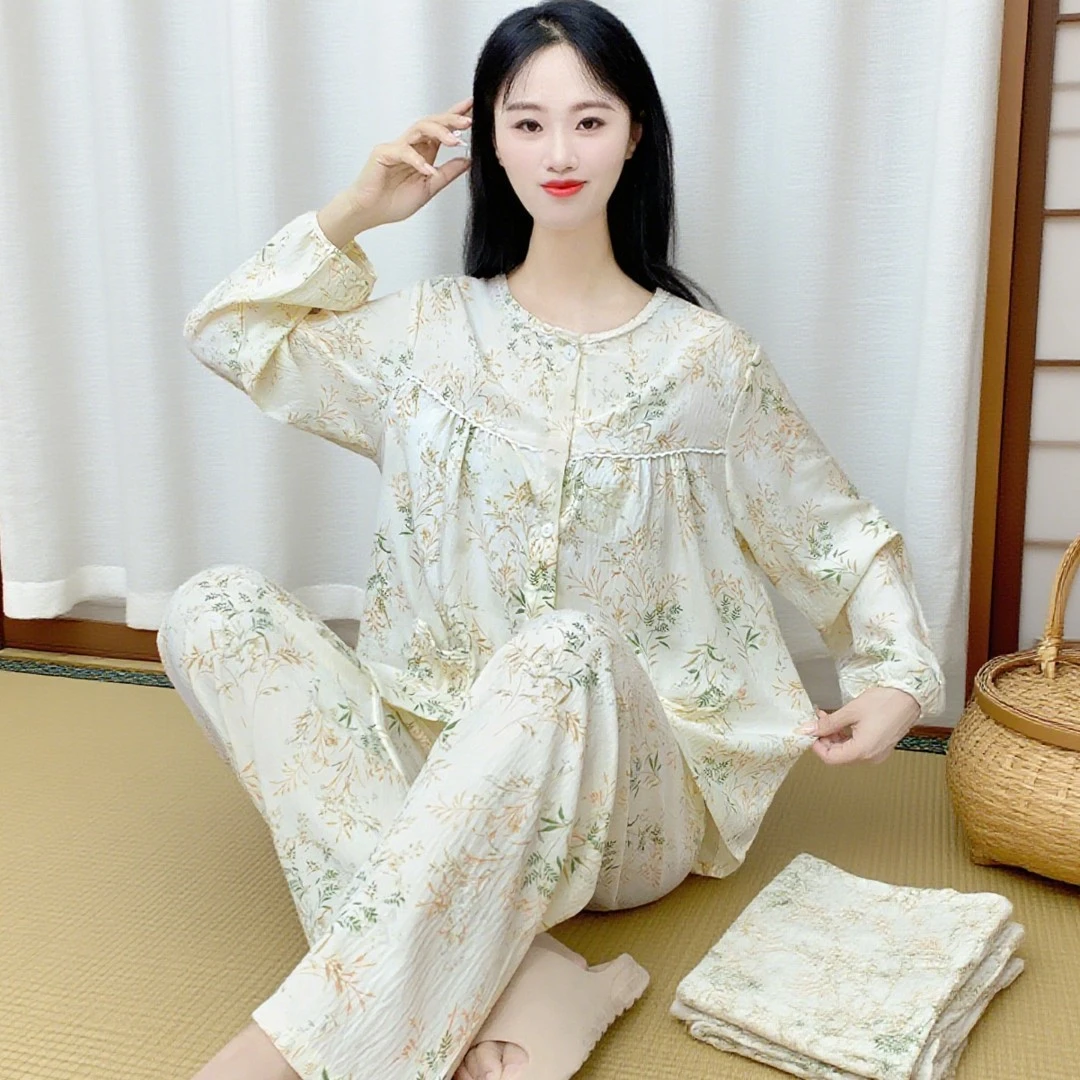 甜美云朵棉睡衣女款春秋季可爱圆领长袖大码可外穿家居服套装Y171