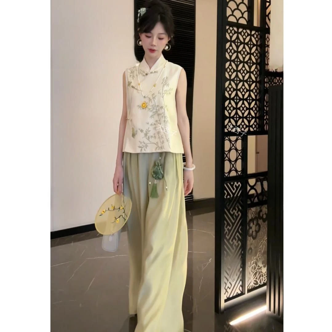 冰雪丝睡衣女夏季新中式高贵洋气国风无袖上衣搭配阔腿裤夏天套装