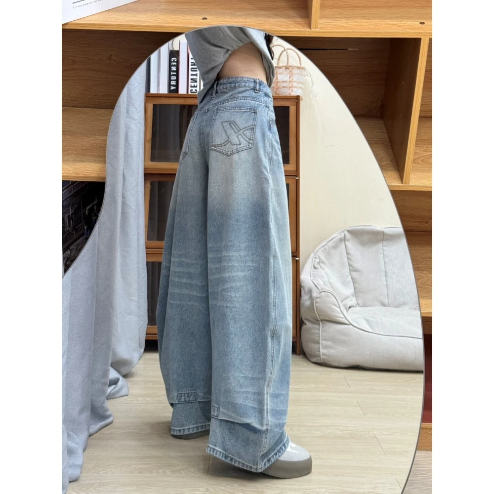 复古水洗做旧刺绣嘻哈牛仔裤女2025秋季高腰时尚设计感宽松阔腿裤