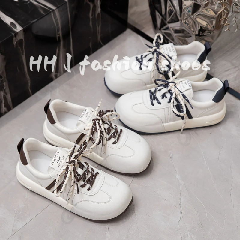 真皮厚底面包小白鞋女2025秋新款韩版拼色德训鞋百搭休闲运动板鞋