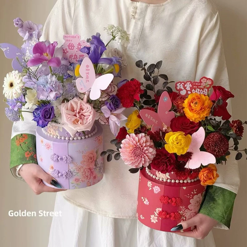 新中式刺绣旗袍风鲜花抱抱桶圆形花桶插花盒空盒鲜花盒