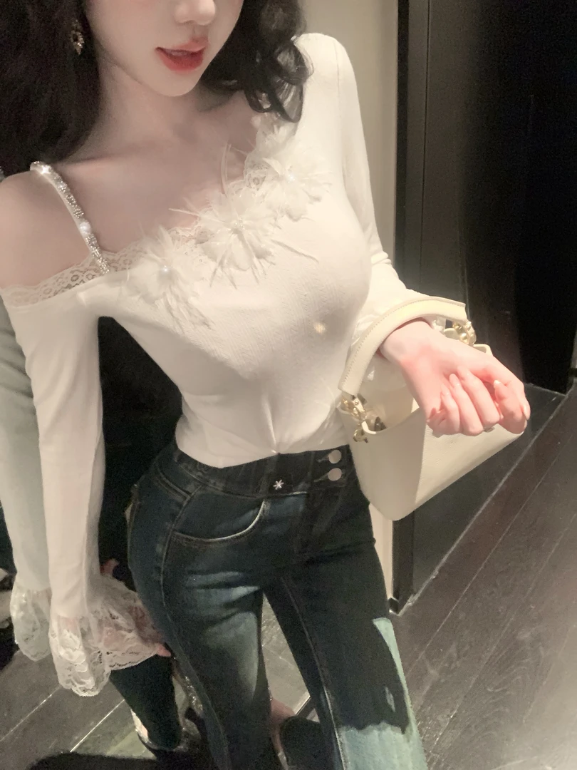 【雅乔定制】云边羽织 钻链斜肩蕾丝喇叭袖针织上衣女DYCC-25098410