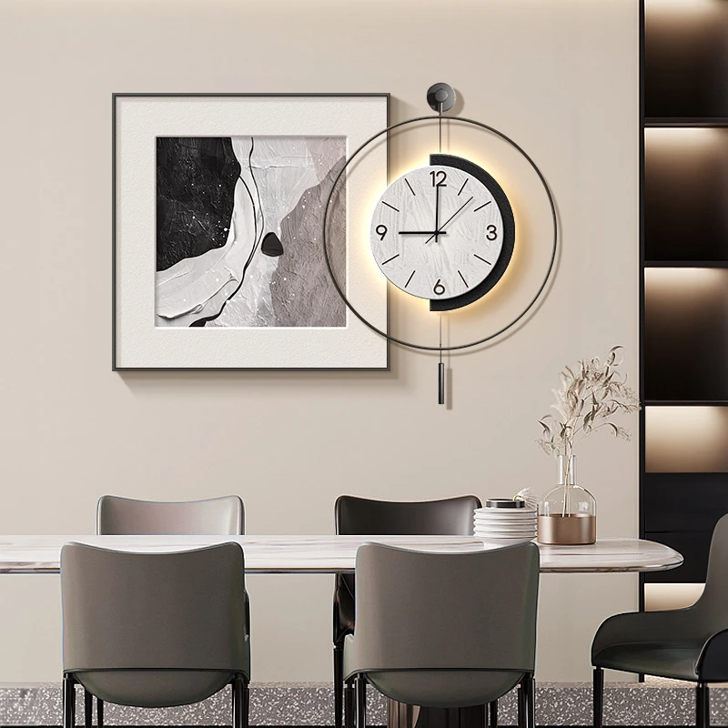 现代简约餐厅装饰画带钟表黑白灰抽象背景墙挂画高级感客厅壁画