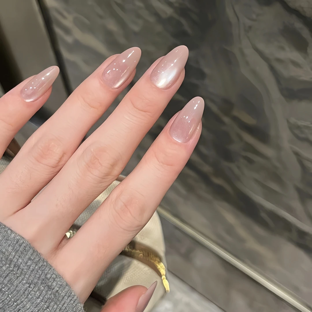 新款纯色裸色猫眼日常显白手工穿戴甲美甲贴片假指甲水润通透感