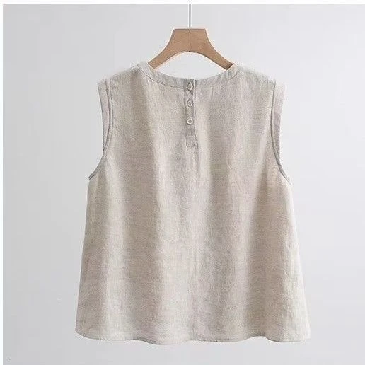 【圆领显瘦】棉麻衬衫女2025夏季无袖上衣女宽松百搭麻料T恤中式